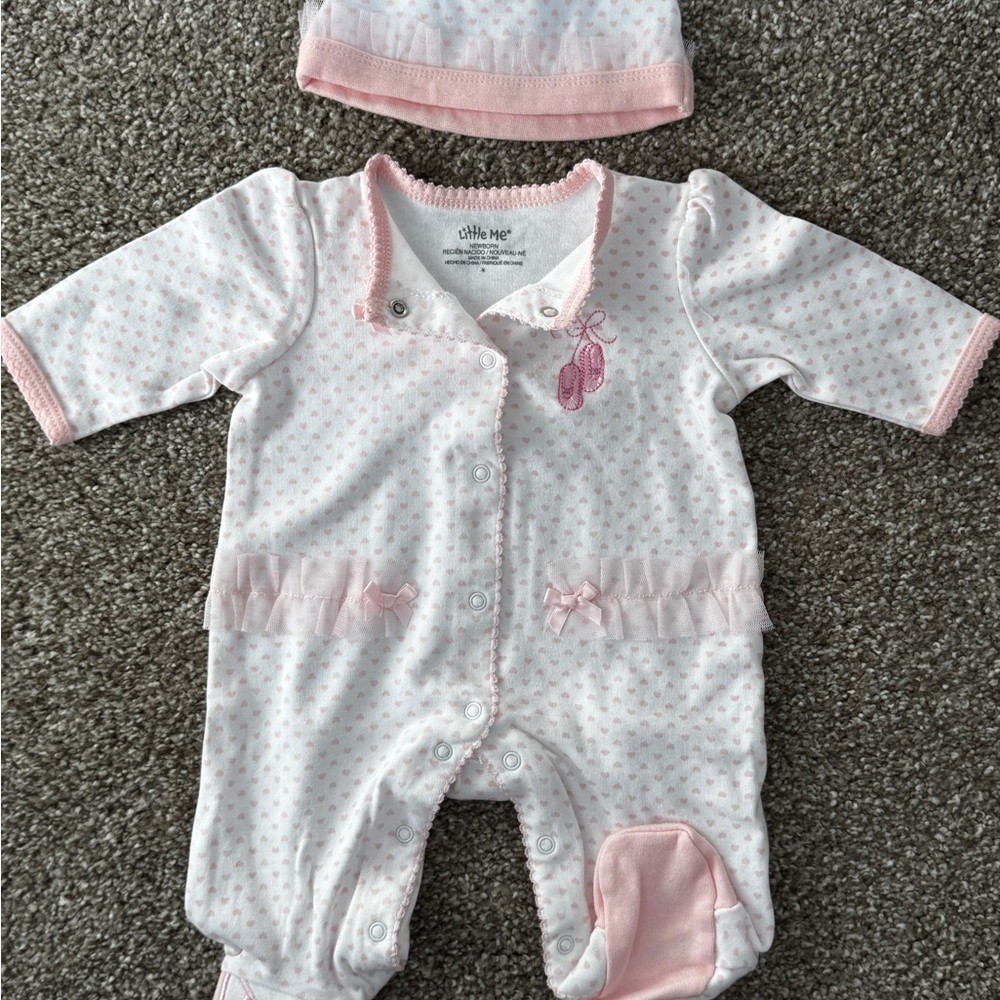 Little Me Ballerina Pink and White Footed One Piece & Hat